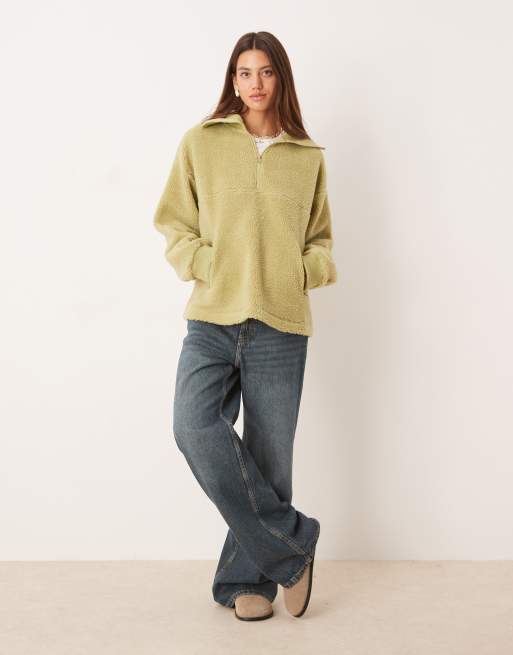 ASOS DESIGN half zip borg and knit mix sweater in sage green