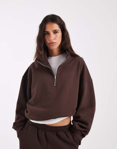 ASOS DESIGN half zip boxy funnel neck brushback sweat in brown - view 1
