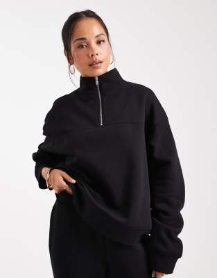 Asos Design Half Zip Brushback Sweatshirt In Black
