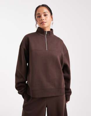 Asos Design Half Zip Brushback Sweatshirt In Brown