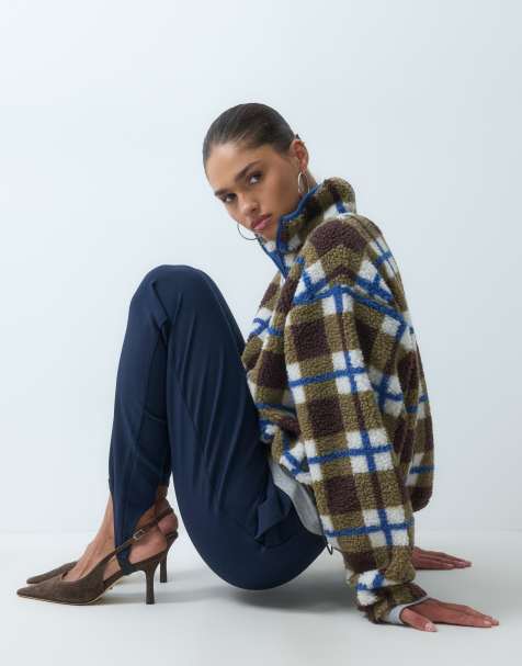 ASOS DESIGN half zip bubble hem borg fleece in check print - view 1