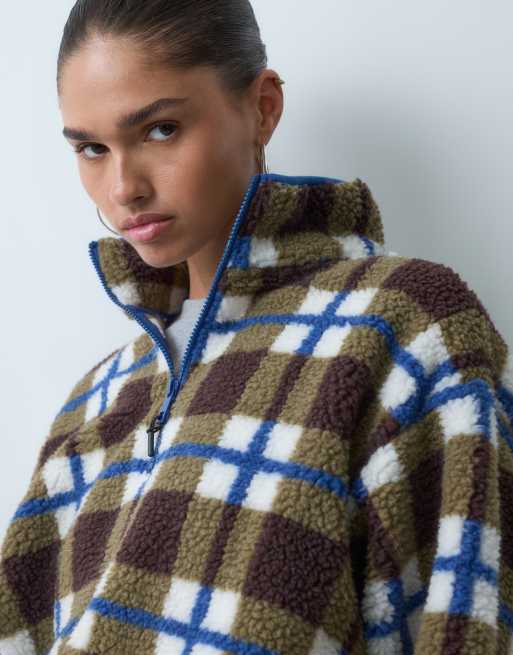 ASOS DESIGN half zip bubble hem borg fleece in check print, 3 of 4