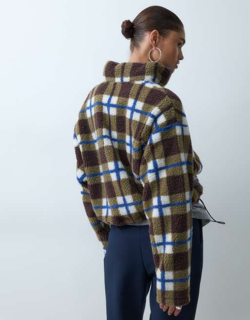 ASOS DESIGN half zip bubble hem borg fleece in check print, 4 of 4