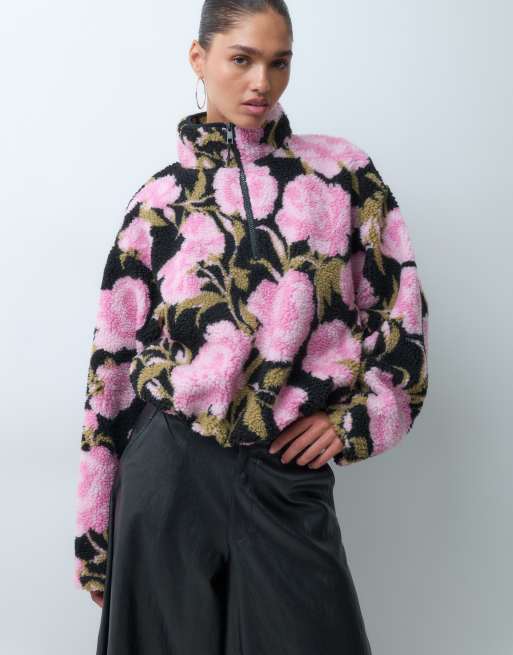 ASOS DESIGN half zip bubble hem borg fleece in floral print, 2 of 4
