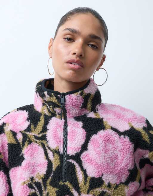 ASOS DESIGN half zip bubble hem borg fleece in floral print, 3 of 4