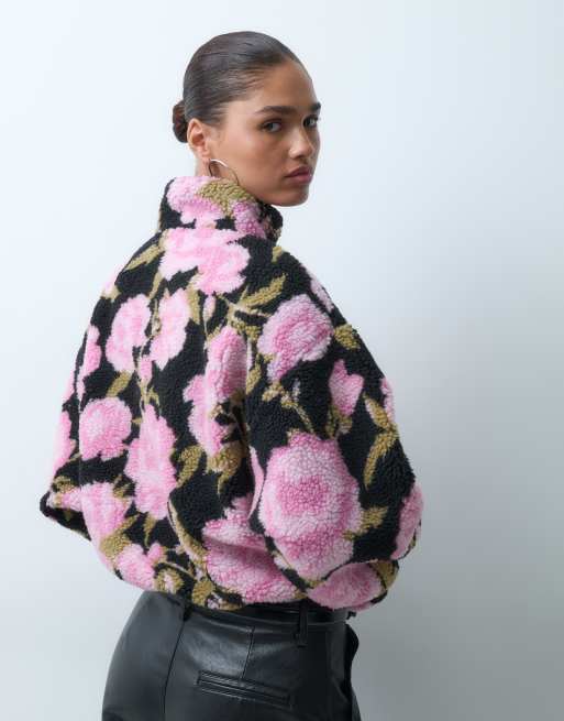 ASOS DESIGN half zip bubble hem borg fleece in floral print, 4 of 4