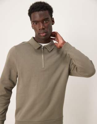 ASOS DESIGN ASOS DESIGN half zip collar sweatshirt in khaki-Green