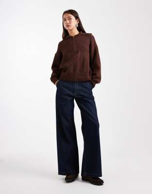 Asos Design Half Zip Collared Sweater In Brown