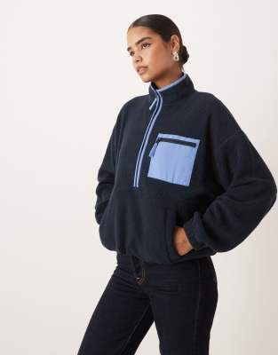 Asos Design Half Zip Fleece With Nylon Detail In Blue