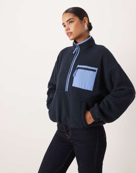 ASOS DESIGN half zip fleece with nylon detail in tonal blue - view 1