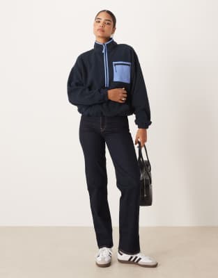 Asos Design Half Zip Fleece With Nylon Detail In Blue