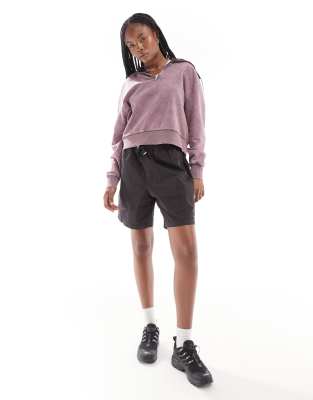 Asos Design Half Zip Funnel Neck Sweatshirt In Pink Acid Wash