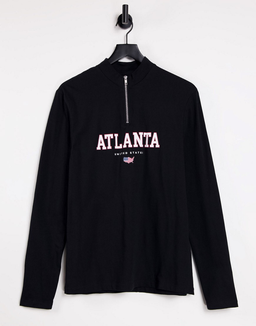 ASOS DESIGN half zip long sleeve Atlanta city print T-shirt in black