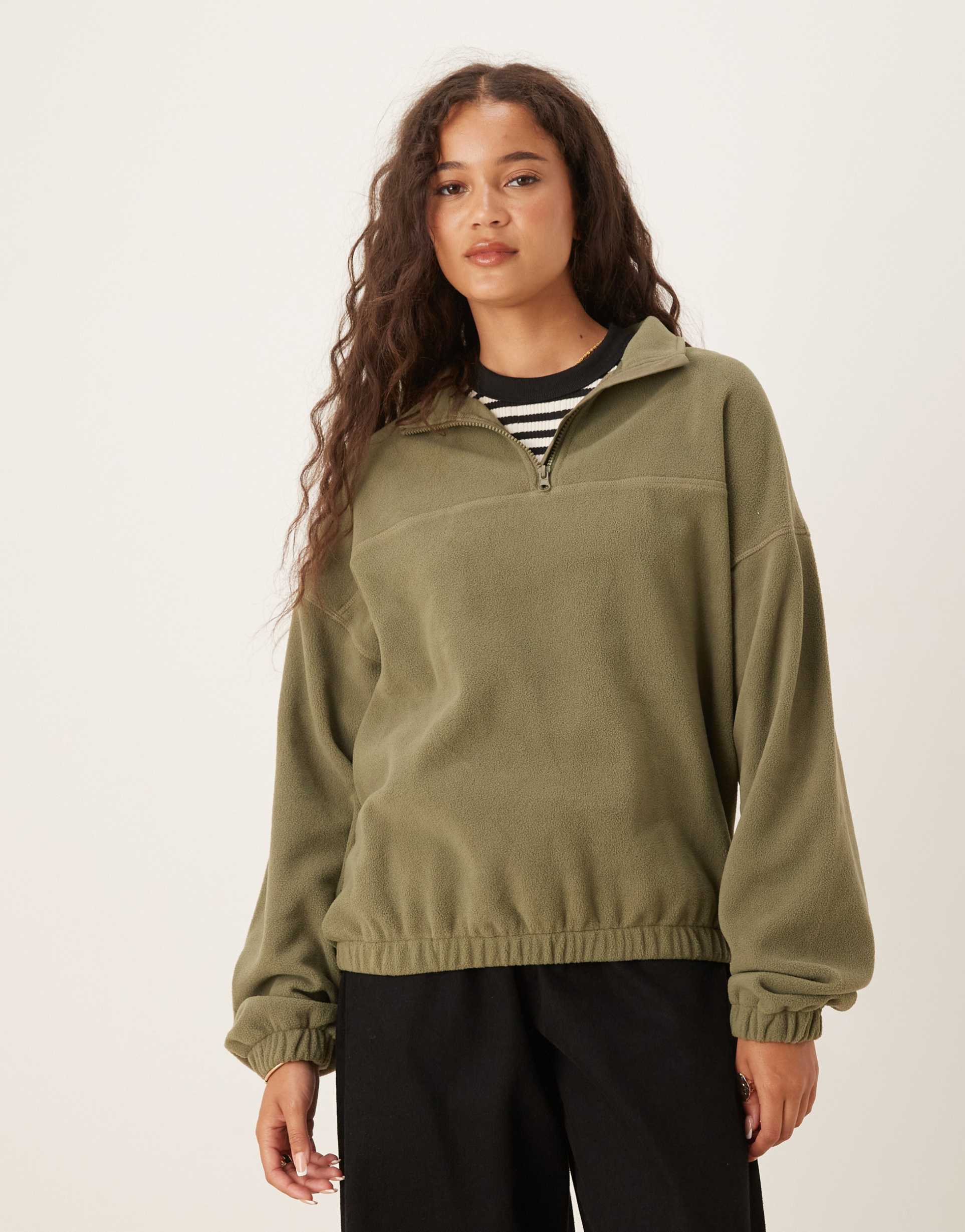 asos design half zip polar fleece in khaki