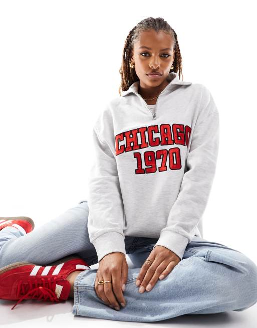 ASOS DESIGN half zip sweat with chicago graphic in ice heather