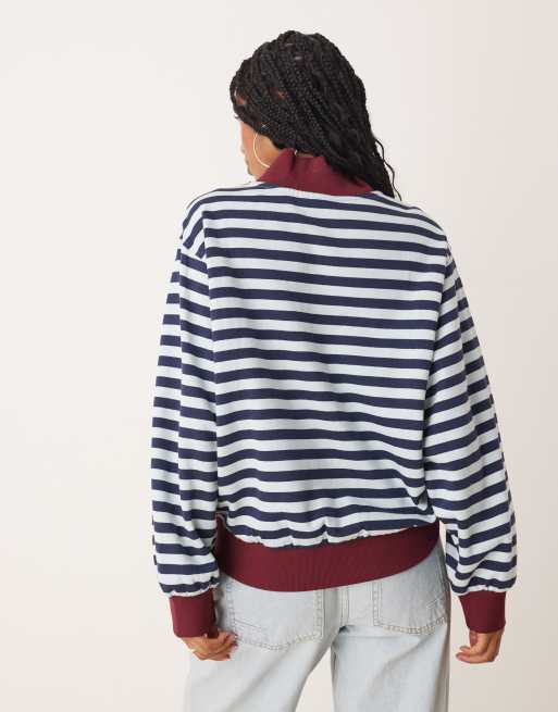 ASOS DESIGN half zip sweatshirt in blue and burgundy stripe, 4 of 4