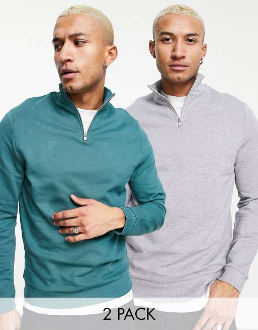 ASOS DESIGN half zip sweatshirt in gray/green 2 pack - MULTI