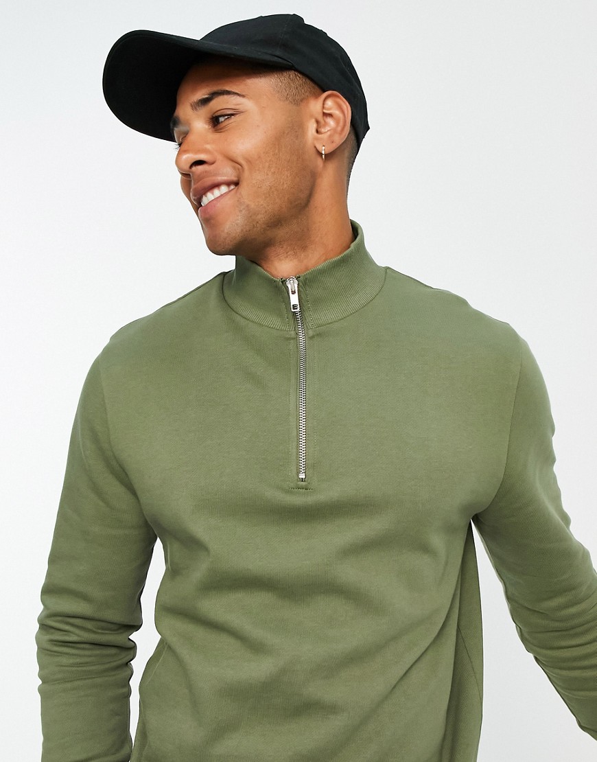 ASOS DESIGN half zip sweatshirt in khaki-Green