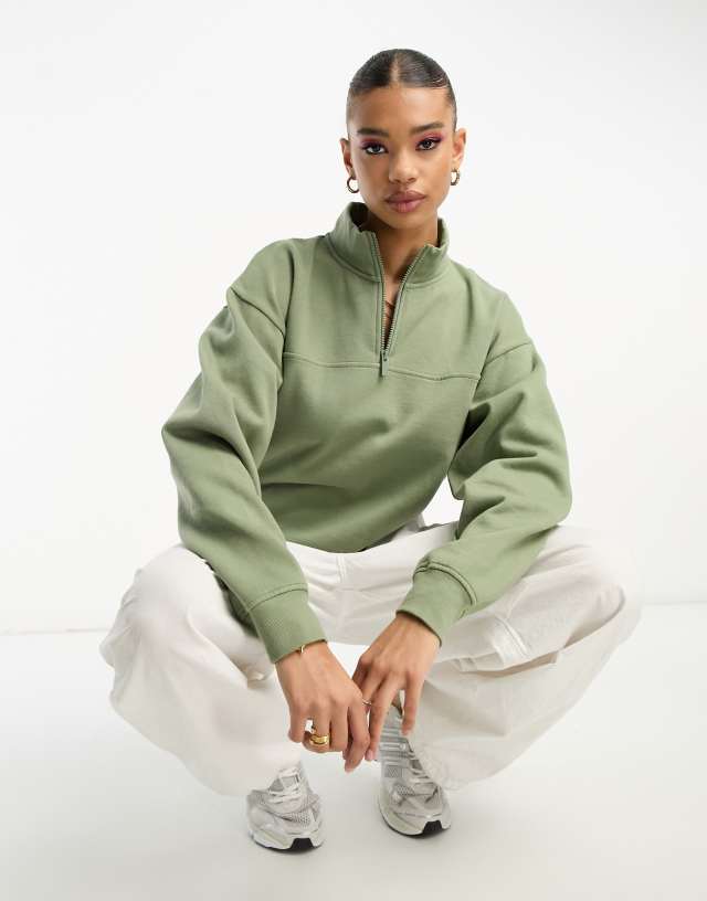 ASOS DESIGN half zip sweatshirt in khaki