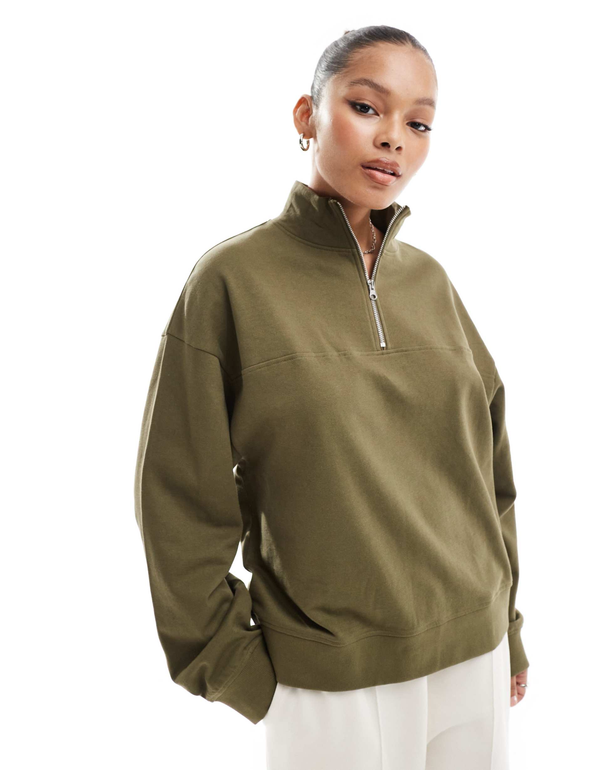 asos design half zip sweatshirt in khaki