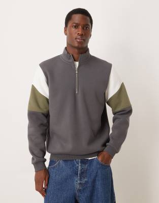 Asos Design Half Zip Sweatshirt With Cut & Sew Panels In Gray