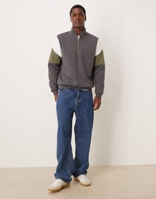 Asos Design Half Zip Sweatshirt With Cut & Sew Panels In Gray