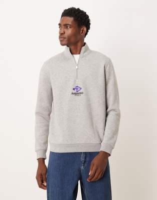 Asos Design Half Zip Sweatshirt With Embroidery In Neutral