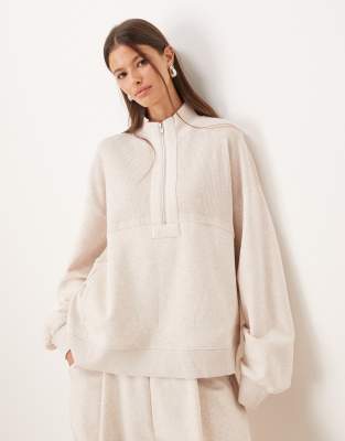 Asos Design Half Zip Sweatshirt With Waffle Panel Detail In Neutral