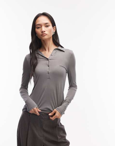 ASOS DESIGN - Halfdoorschijnend zacht poloshirt met lange mouwen in antracietgrijs - view 1