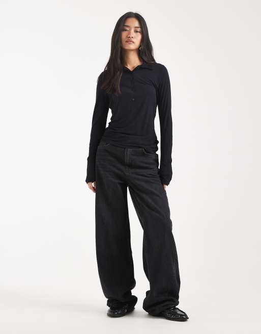 ASOS DESIGN - Halfdoorschijnend zacht poloshirt met lange mouwen in zwart, 2 van 4