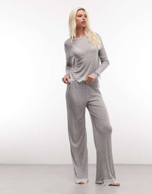 ASOS DESIGN - Halfdoorschijnende pyjama met kanten rand in grijs, 2 van 3