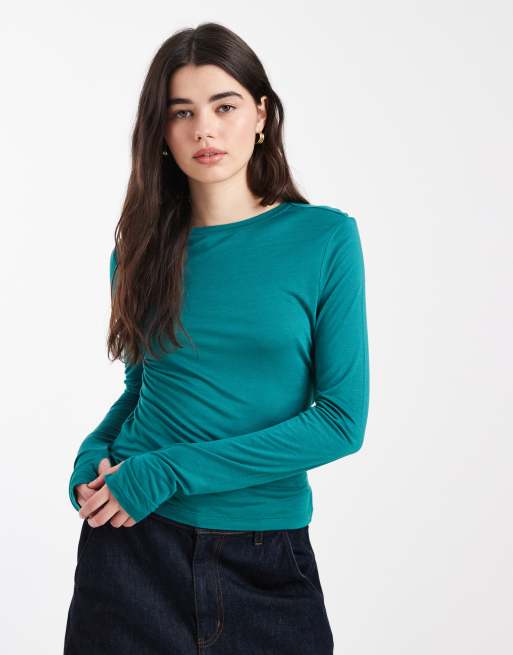 ASOS DESIGN - Halfdoorschijnende top met lange mouwen in turquoise