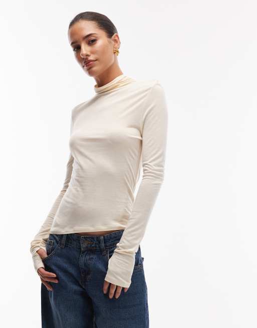 ASOS DESIGN - Halfdoorschijnende top met opstaande boord en lange mouwen in gebroken wit