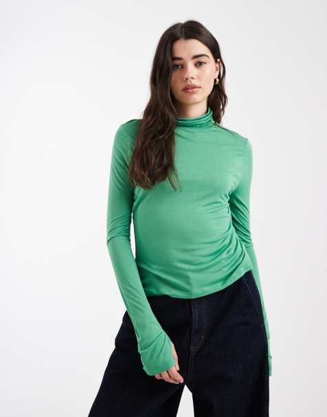 ASOS DESIGN - Halfdoorschijnende top met opstaande boord en lange mouwen in groen - view 1