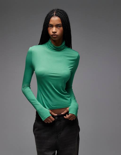 ASOS DESIGN - Halfdoorschijnende top met opstaande boord en lange mouwen in groen