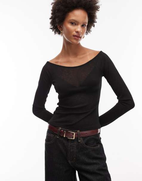 ASOS DESIGN - Halfdoorschijnende top van mesh met lange mouwen en lage ronde hals in zwart - view 1