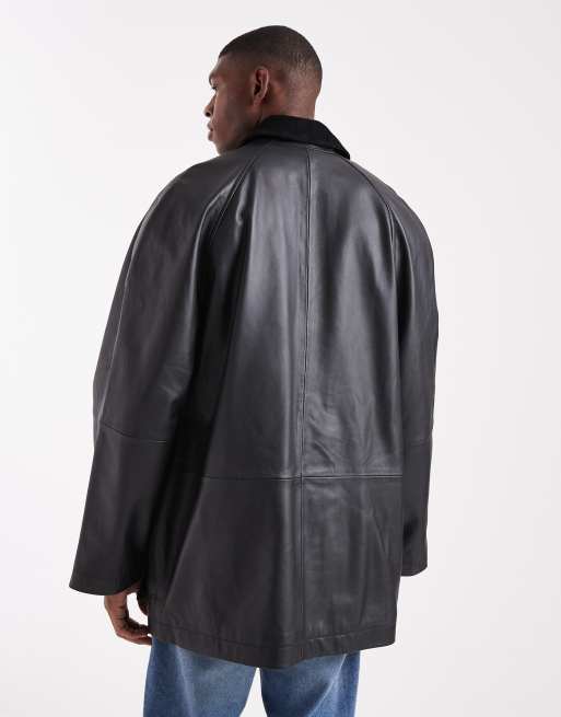 ASOS DESIGN - Halflang coachjack van echt leer in zwart, 3 van 5