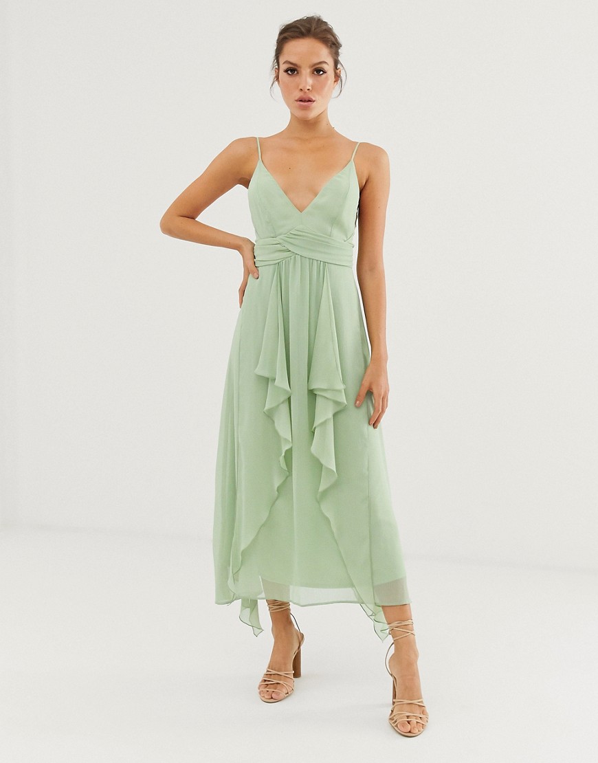 ASOS DESIGN - Halflange cami-jurk met gelaagde rok en gerimpeld lijfje-Groen