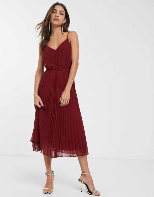 ASOS DESIGN - Halflange cami-jurk met plooien en trekkoord in de taille in bordeauxrood