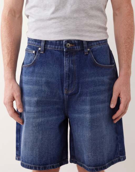 ASOS DESIGN - Halflange denim jort in blauw met donkere wassing, 4 van 5