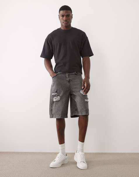 ASOS DESIGN - Halflange denim jort met scheuren in zwart met wassing - view 1