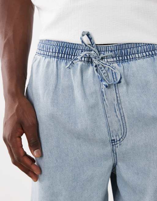 ASOS DESIGN - Halflange denim jort van linnenmix met elastische taille en lichte wassing in blauw, 5 van 5