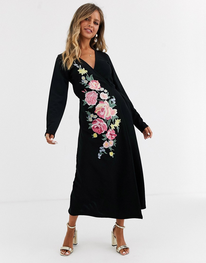 ASOS DESIGN - Halflange geborduurde jurk met overslag en lange mouwen-Zwart