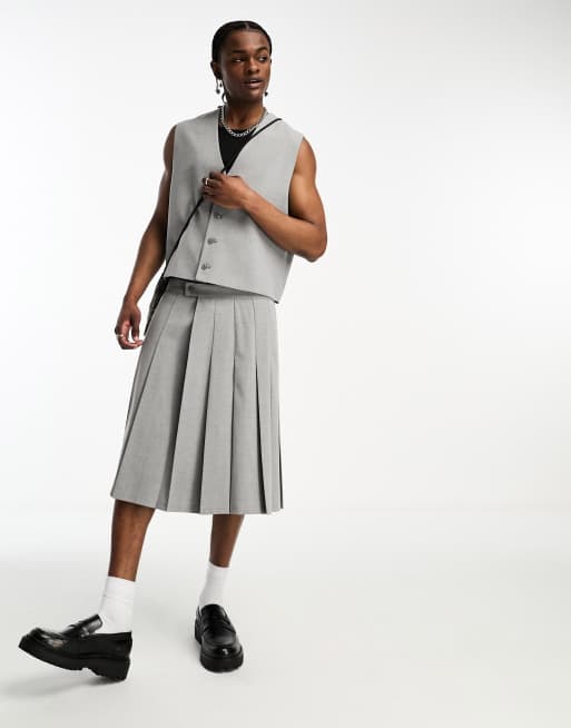 ASOS DESIGN - Halflange geplooide nette rok in grijs