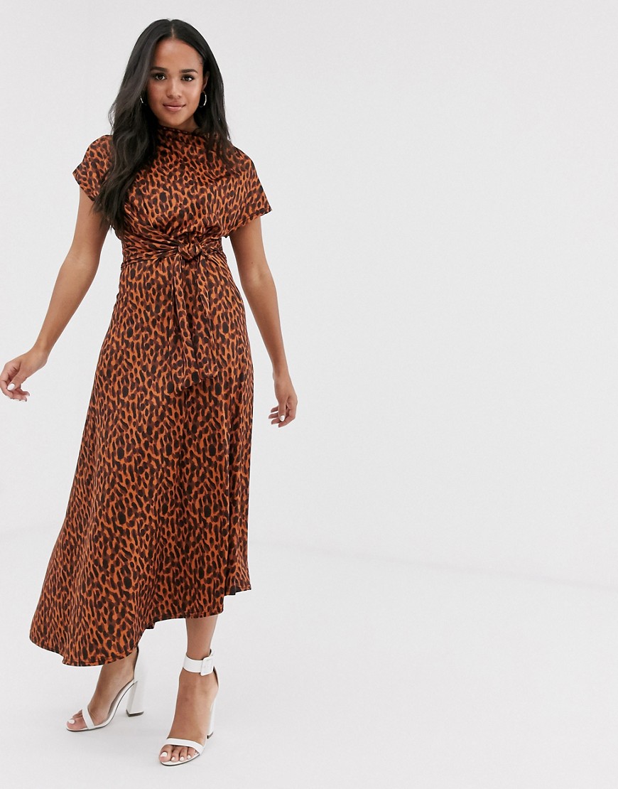ASOS DESIGN - Halflange jurk met gedrapeerde halslijn en strik-tailleband in tortoiseprint-Multi