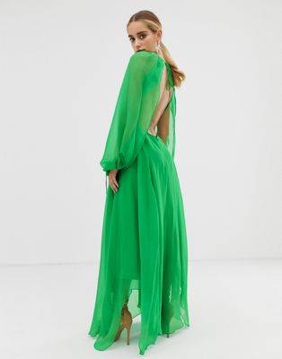 ASOS DESIGN - Halflange jurk met open achterkant en lange mouwen met split-Groen