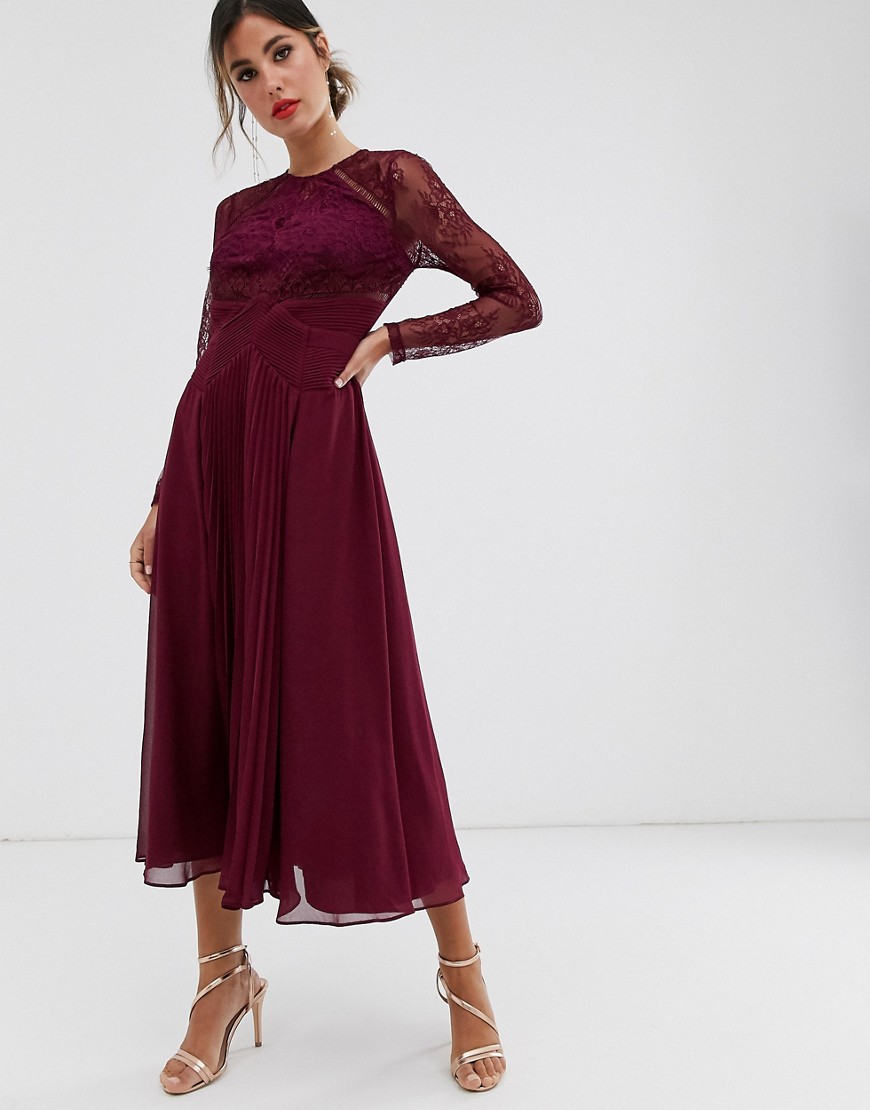 ASOS DESIGN - Halflange jurk met plooi, lange mouwen en kanten paneel-Rood