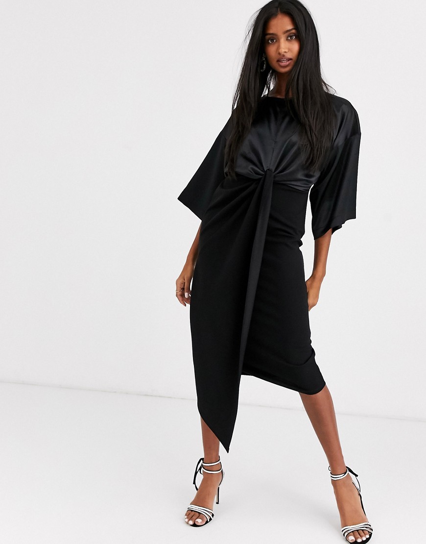 ASOS DESIGN - Halflange jurk van satijnmix met gedraaid voorpant in zwart