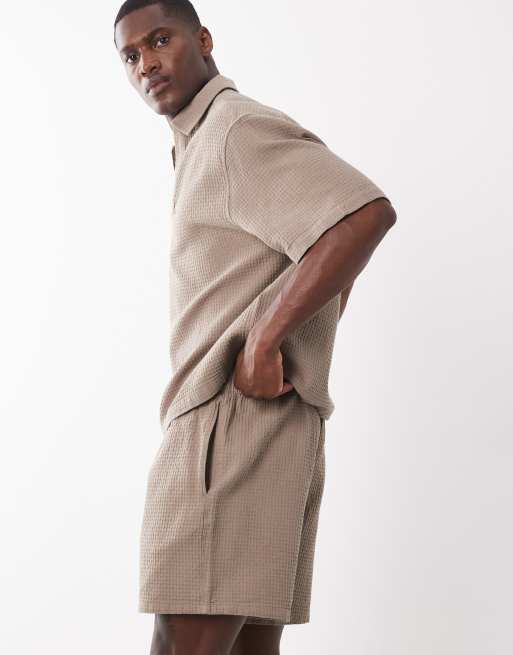 ASOS DESIGN - Halflange short met wafelstructuur in stone, deel van co-ord set, 3 van 5
