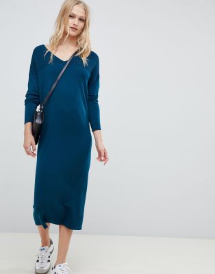 ASOS DESIGN  Sukienka dzianinowa o d?ugo?ci midi, z dekoltem w szpic i splotem szewronowym-Zielony Ciemnozielony